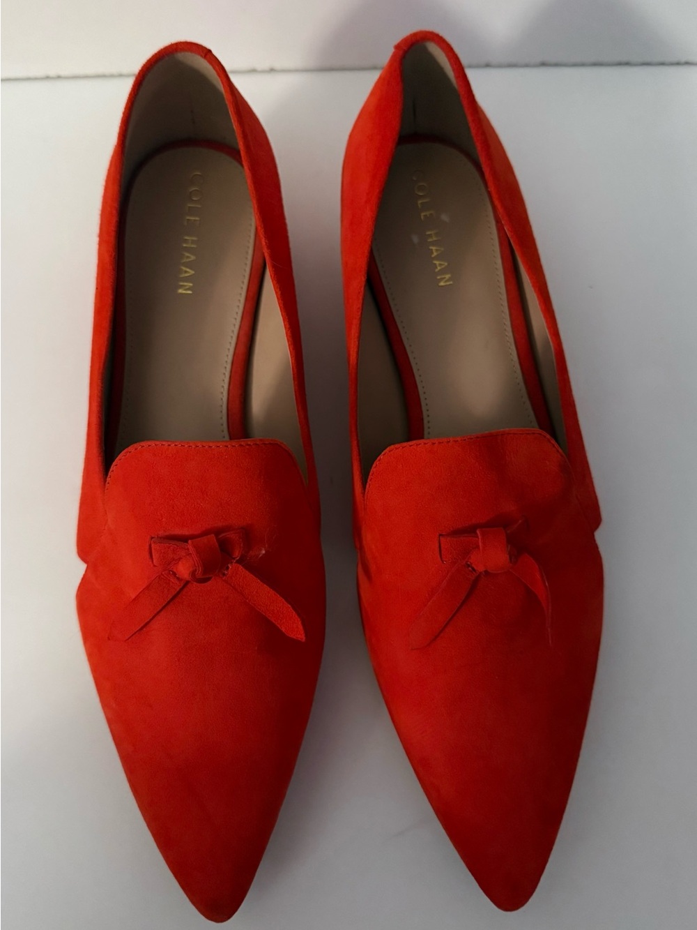 Cole Haan Bright Red Suede Pointed Loafers with Knot Detail